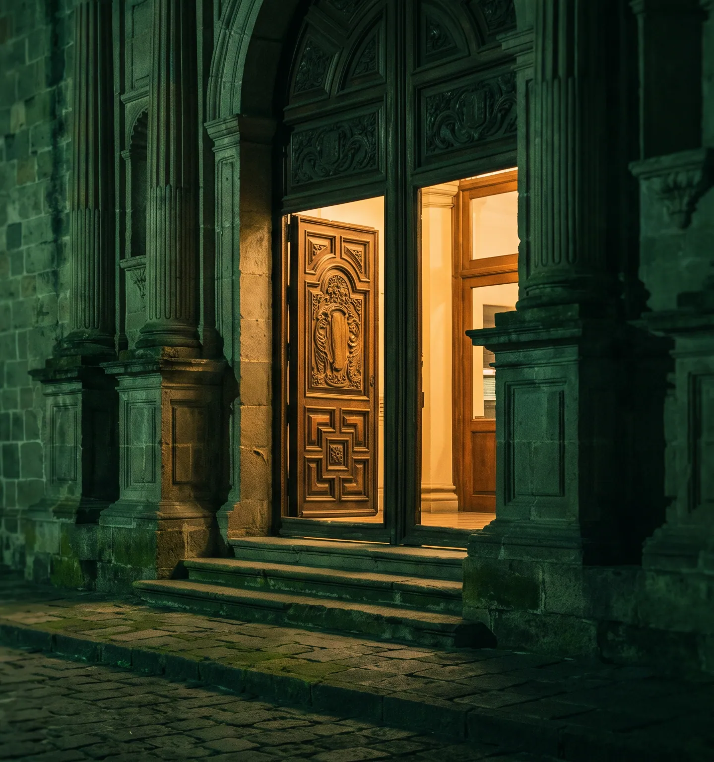 A porta iluminada de um prédio histórico à noite